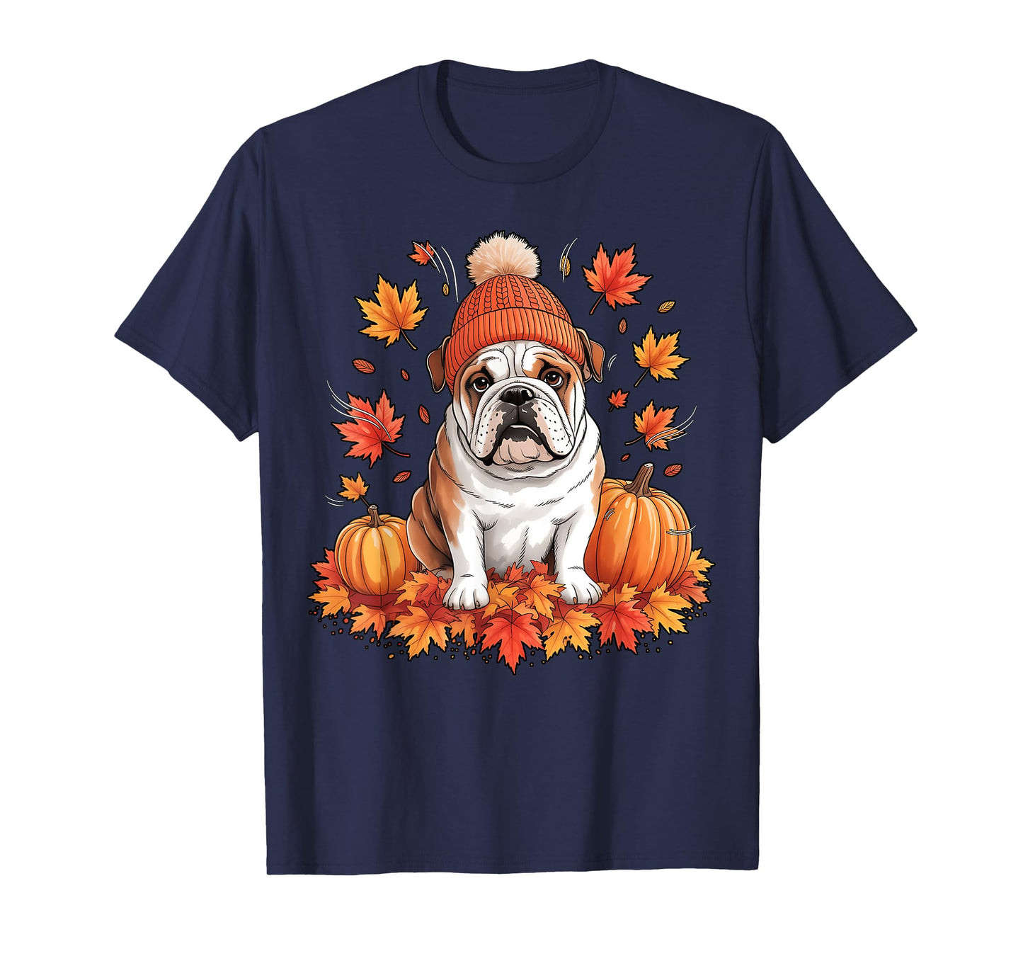 Funny English Bulldog Fall Scarf Autumn Leaves Dog Lovers T-Shirt