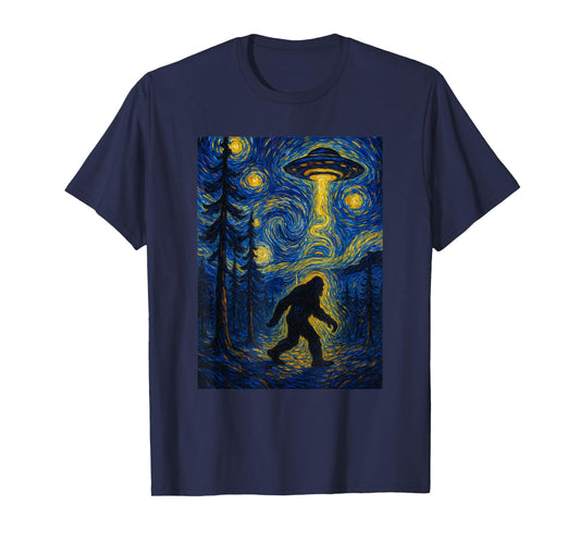 Bigfoot Starry Night Van Gogh UFO For Bigfoot Lover Mom Dad T-Shirt