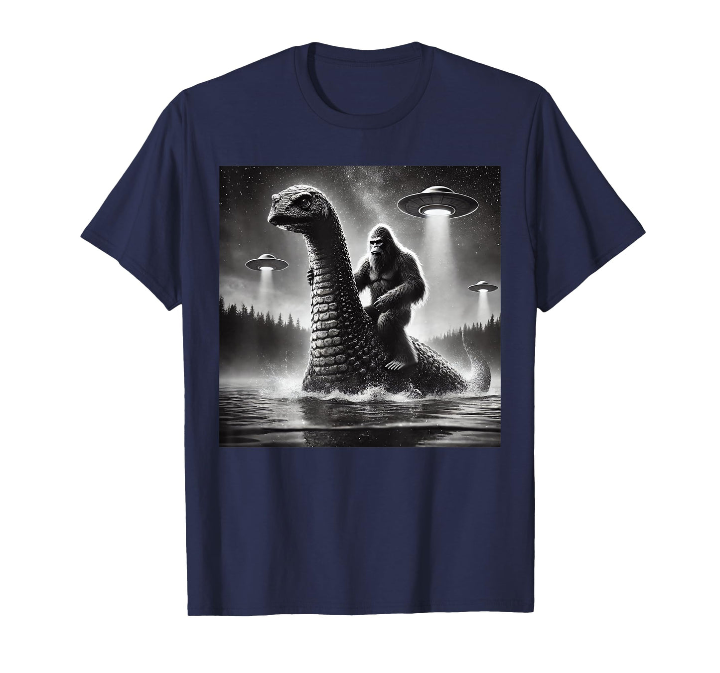 Bigfoot Riding Loch Ness Monster Alien UFO Funny Men Graphic T-Shirt
