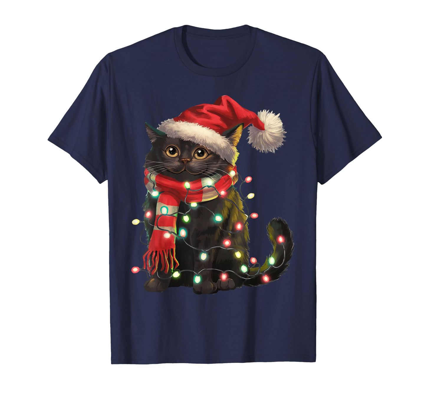 Black Cat Christmas Lights Santa Hat Christmas Cat Lover T-Shirt for Men Women Kids