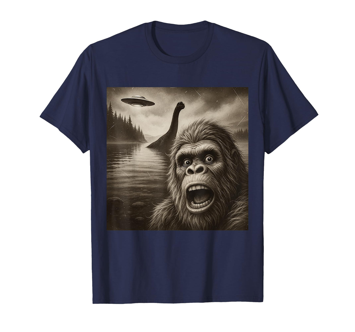 Bigfoot Selfie With Loch Ness Monster And UFO Aliens Graphic T-Shirt