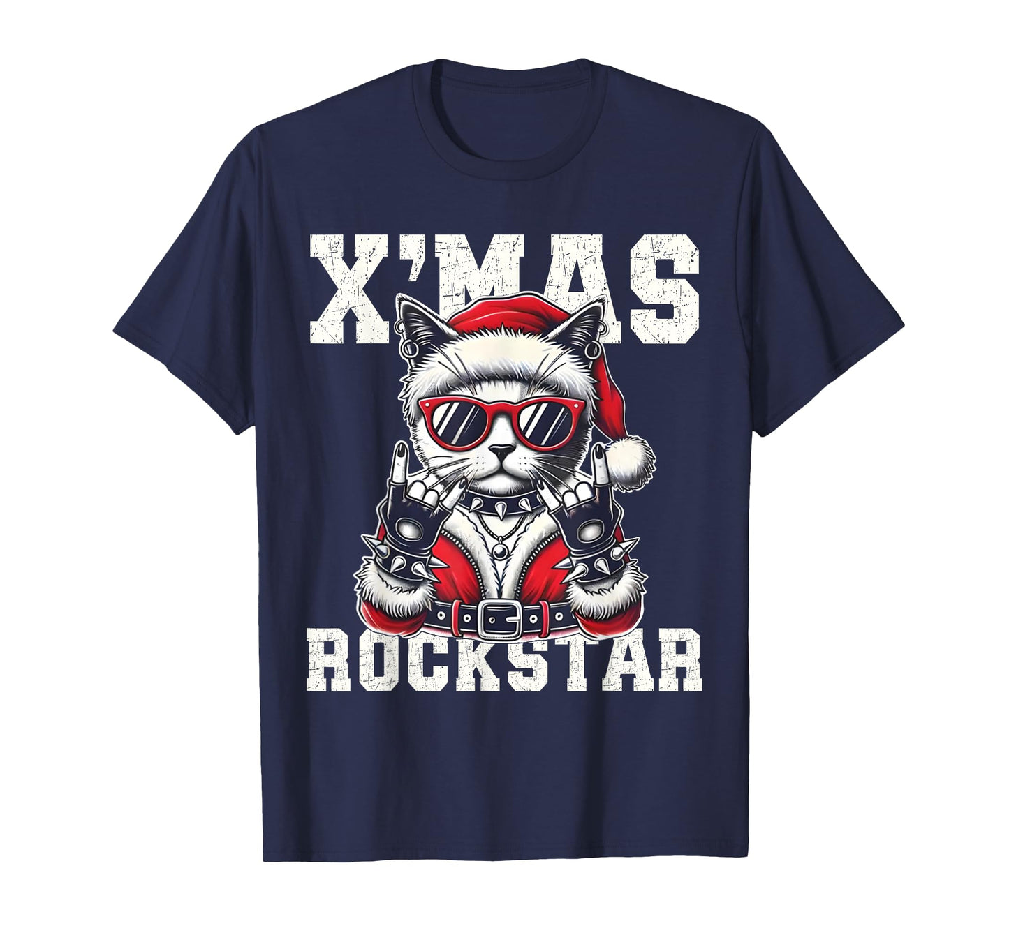 Christmas Rockstar Santa Cat Rock Xmas Rocker Men Women Kids T-Shirt