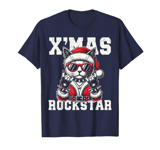Christmas Rockstar Santa Cat Rock Xmas Rocker Men Women Kids T-Shirt