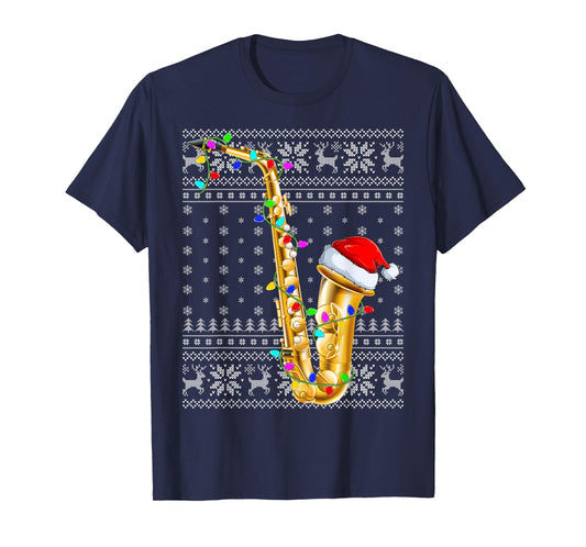 Ugly Sweater Xmas Lights Santa Musical Saxophone Christmas T-Shirt