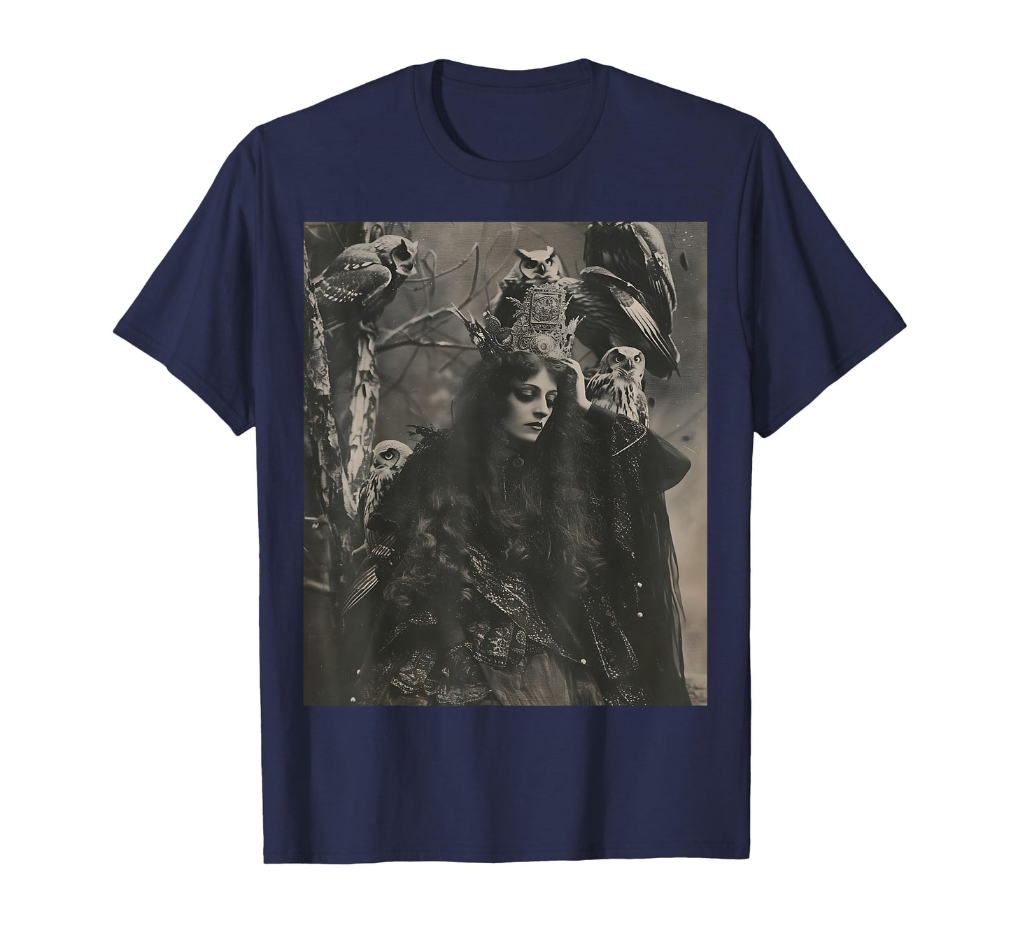 Vintage Witch Sorceress With Raptor Owl Birds Goth Gothic T-Shirt