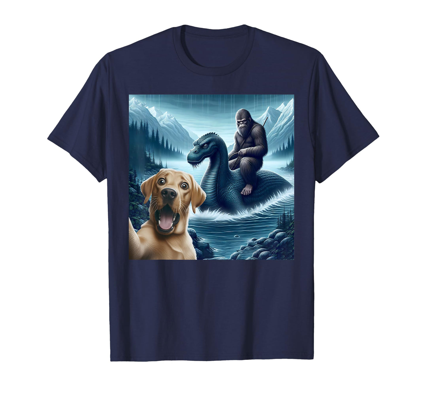 Labrador retriever Selfie with bigfoot riding loch Ness T-Shirt
