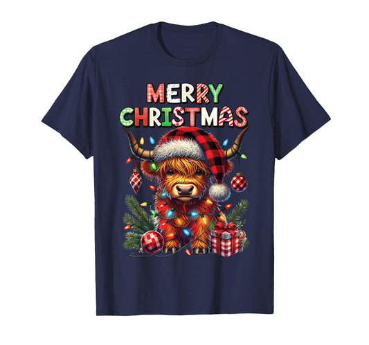 Merry Christmas Scottish Highland Cow Xmas Farm Animal Lover T-Shirt