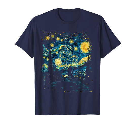 Funny Bigfoot Starry Night Sasquatch Van Gogh Sky Painting T-Shirt