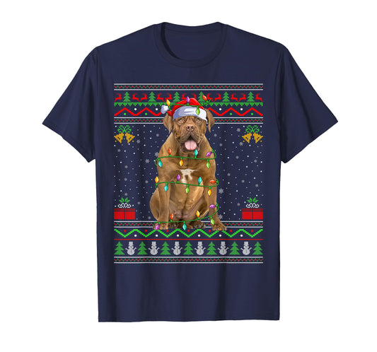 Dogue De Bordeaux Dog Christmas Lights Santa Ugly Xmas Men Women Kids T-Shirt