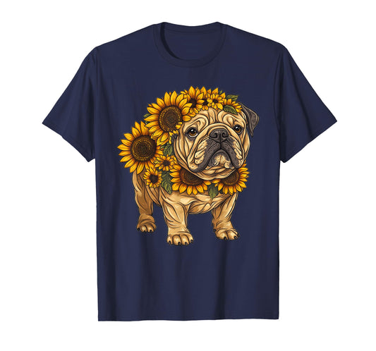 Sunflower English Bulldog Dog Flower Gardening Floral T-Shirt