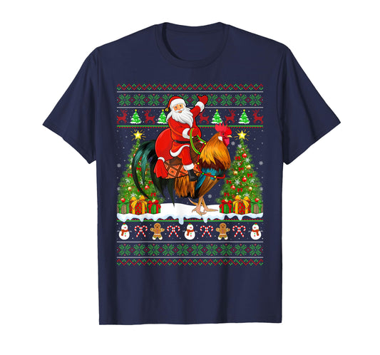 Rooster Bird Lover Funny Ugly Santa Riding Rooster Christmas T-Shirt