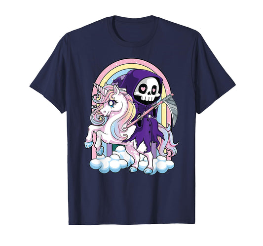 Kawaii Pastel Goth Cute Halloween Grim Reaper Riding Unicorn T-Shirt