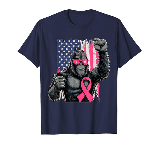 Bigfoot Breast Cancer Awareness American Flag Pink Ribbon T-Shirt