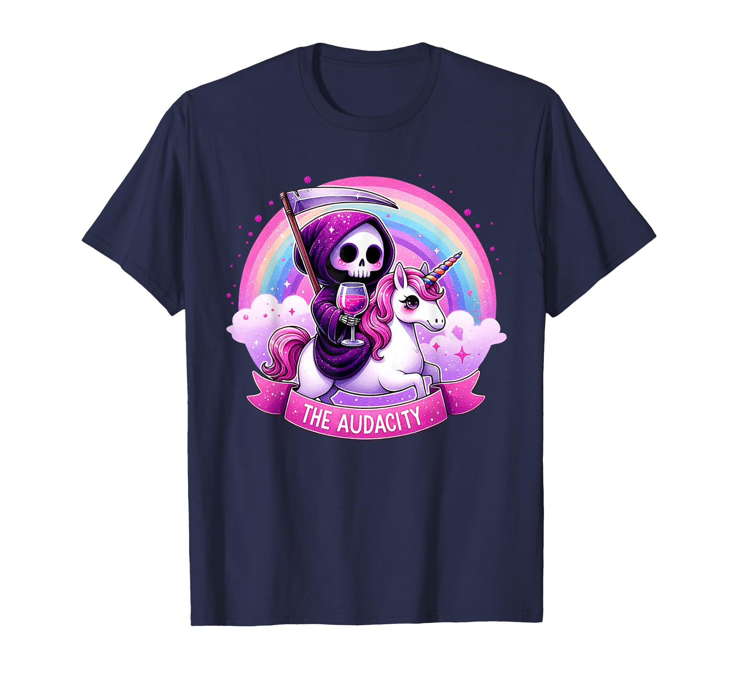The Audacity Skeleton Riding Unicorn Rainbow Halloween Women T-Shirt