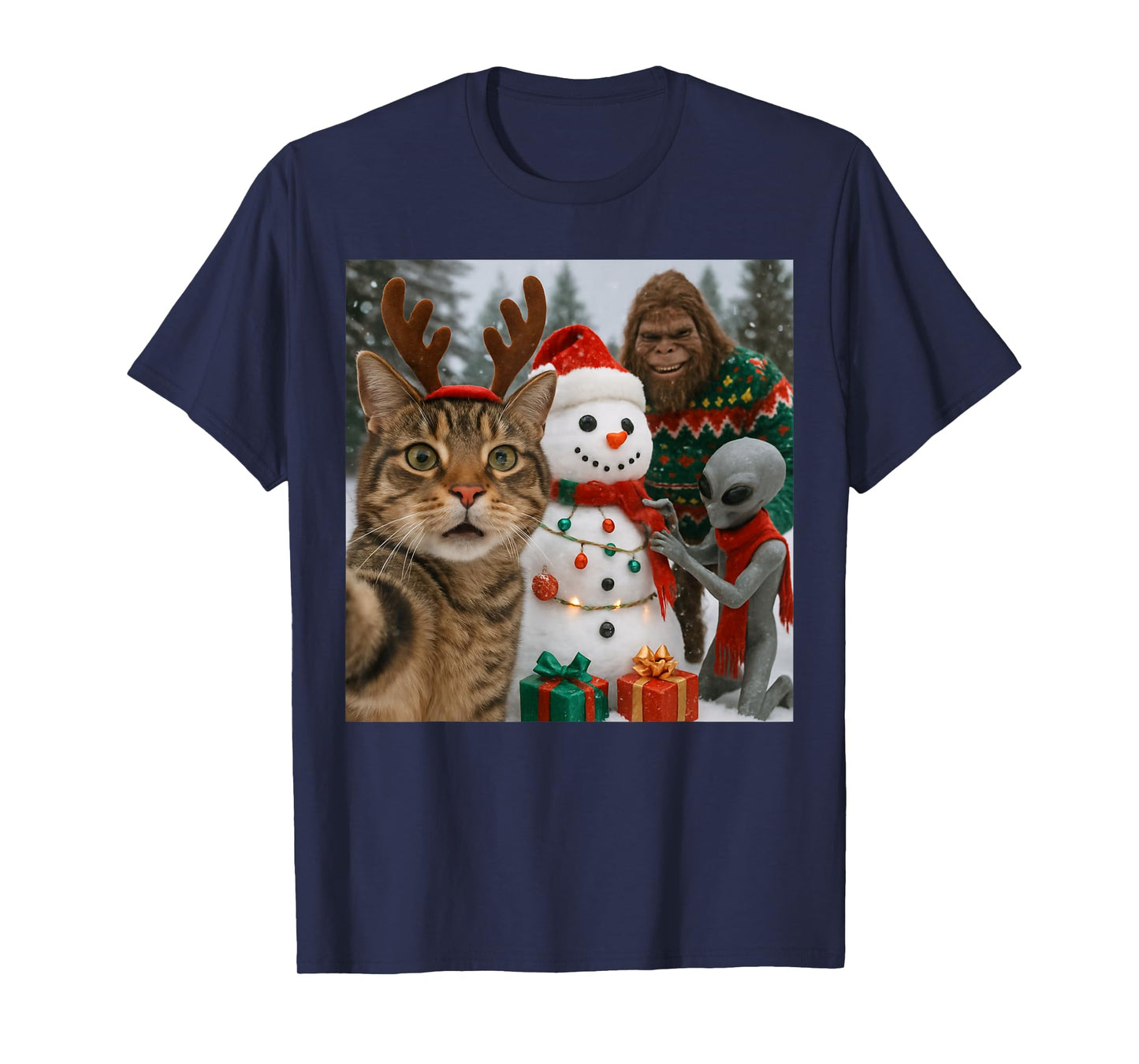 Funny Christmas Cat Selfie with Bigfoot Alien & Snowman T-Shirt