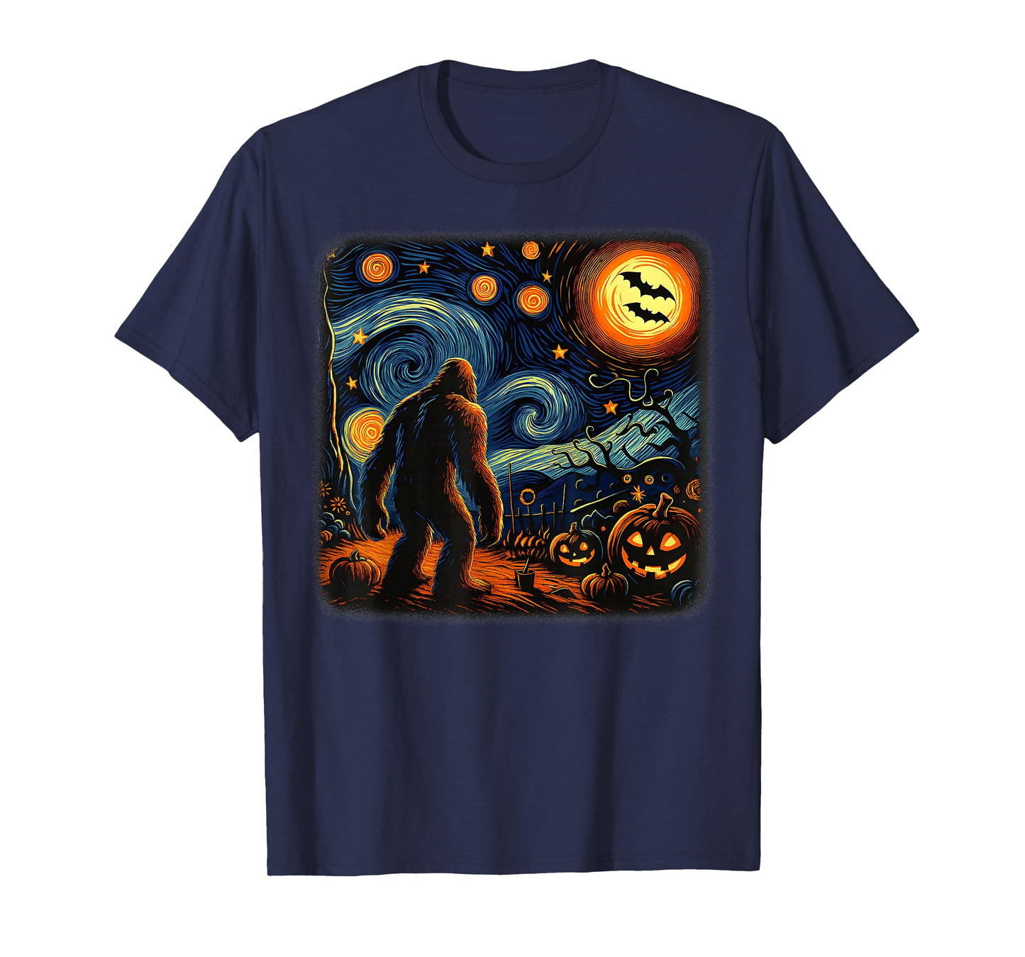 Halloween Bigfoot Starry Night Van Gogh Sasquatch Pumpkin T-Shirt