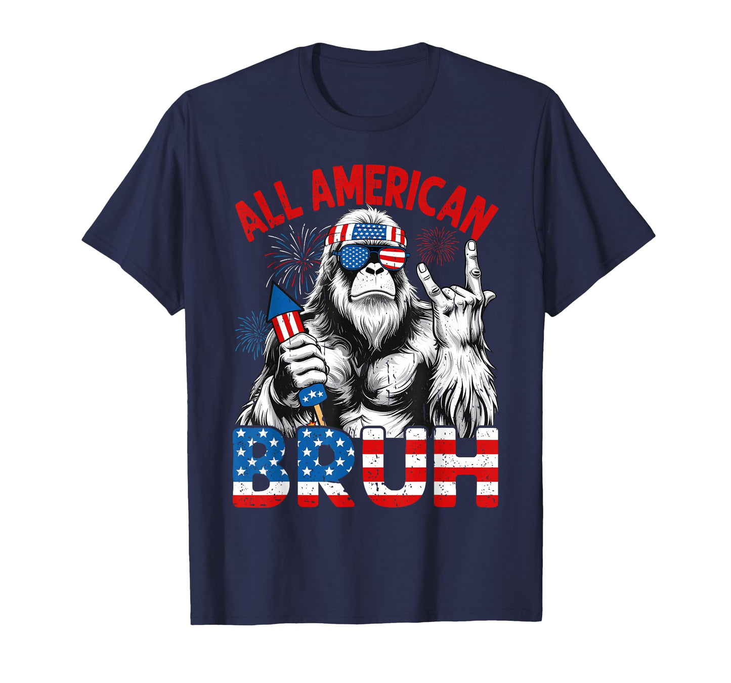 Bruh Bigfoot Merica Rock American Flag Patriotic 4th Of July T-Shirt