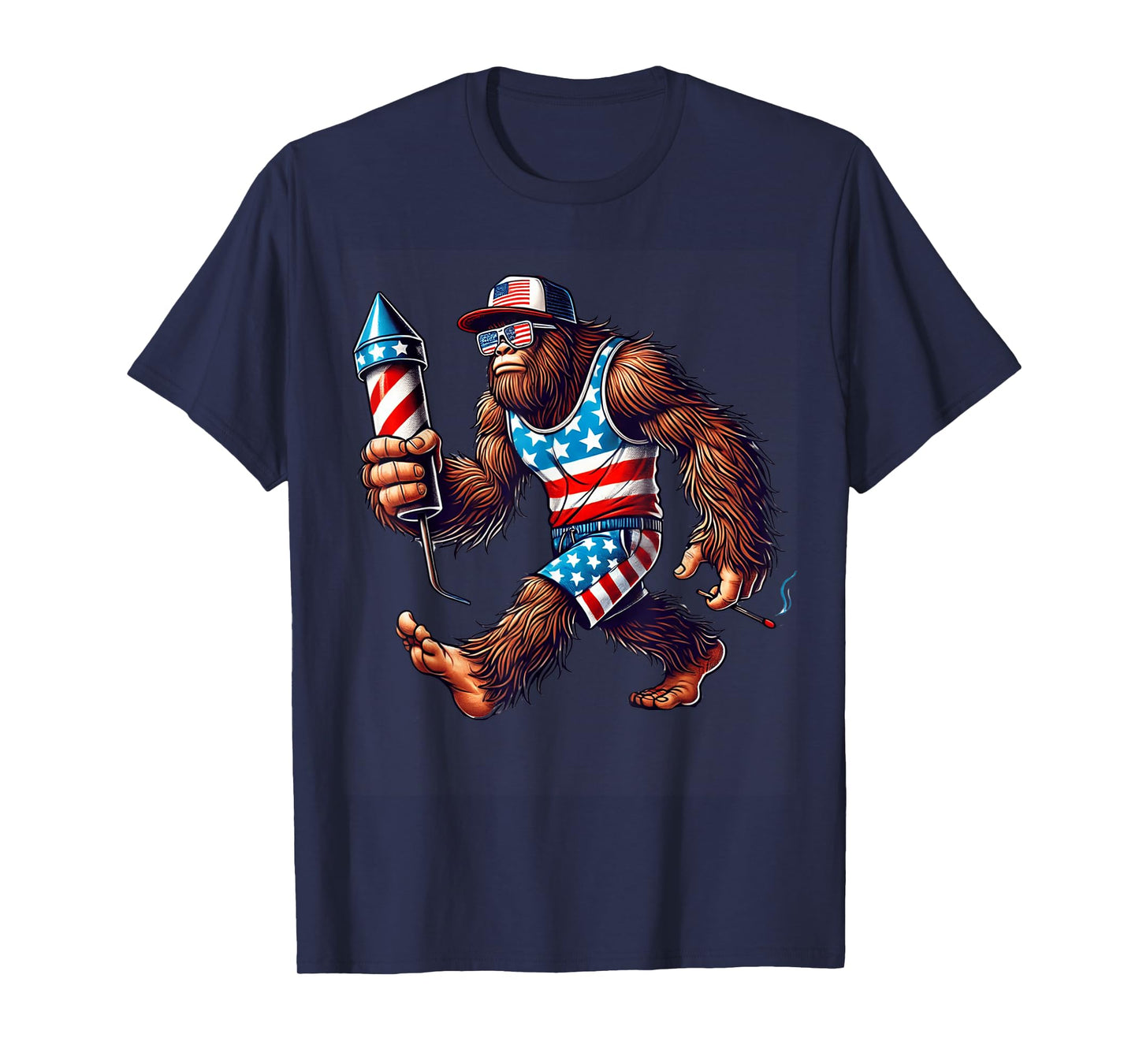 Bigfoot Fireworks 4th of July Men Sasquatch US Flag Men Boys T-Shirt