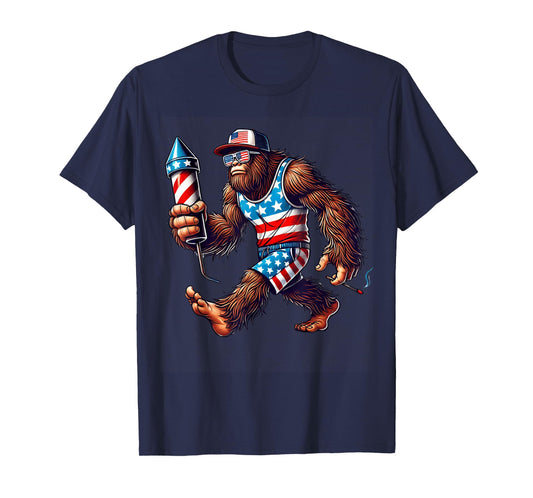 Bigfoot Fireworks 4th of July Men Sasquatch US Flag Men Boys T-Shirt