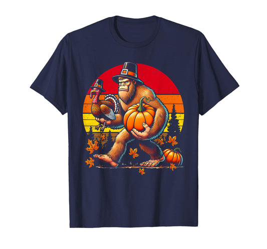 Bigfoot Pilgrim Turkey Pumpkin Thanksgiving Day Boys Men T-Shirt