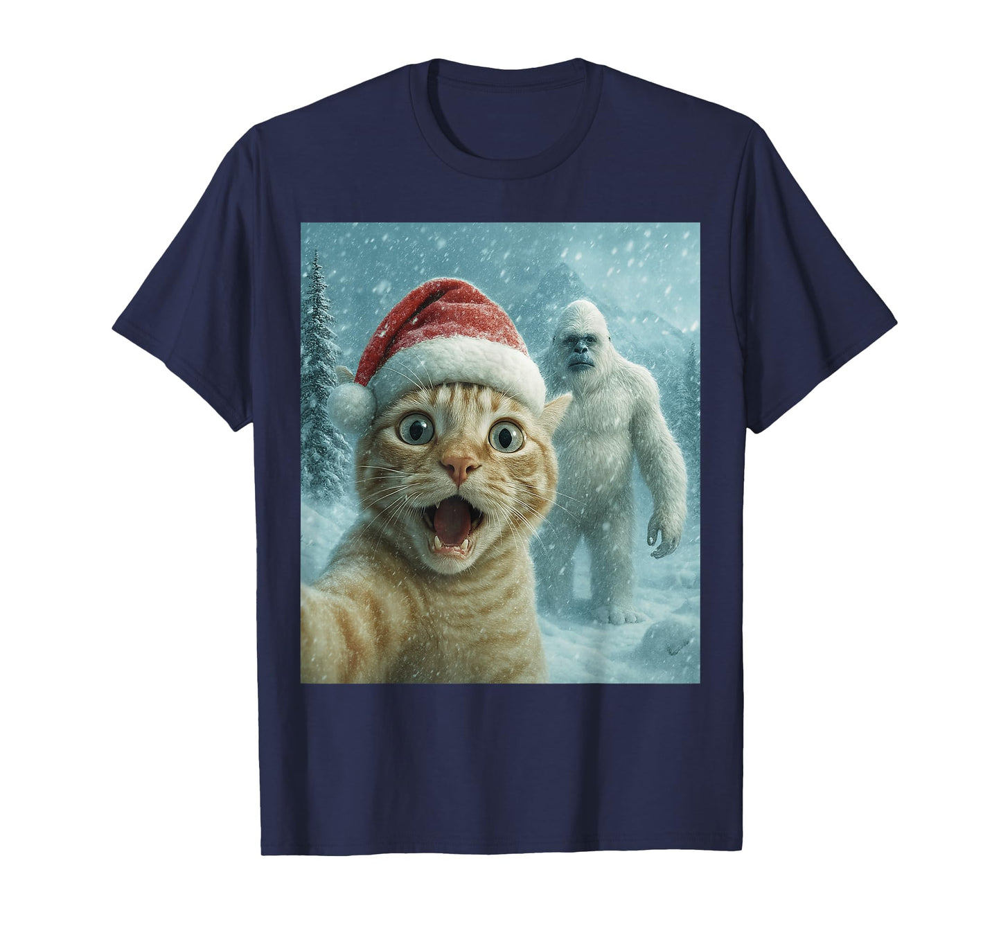 Funny Cat Santa Hat Yeti Christmas Snow Meme Cool Selfie T-Shirt