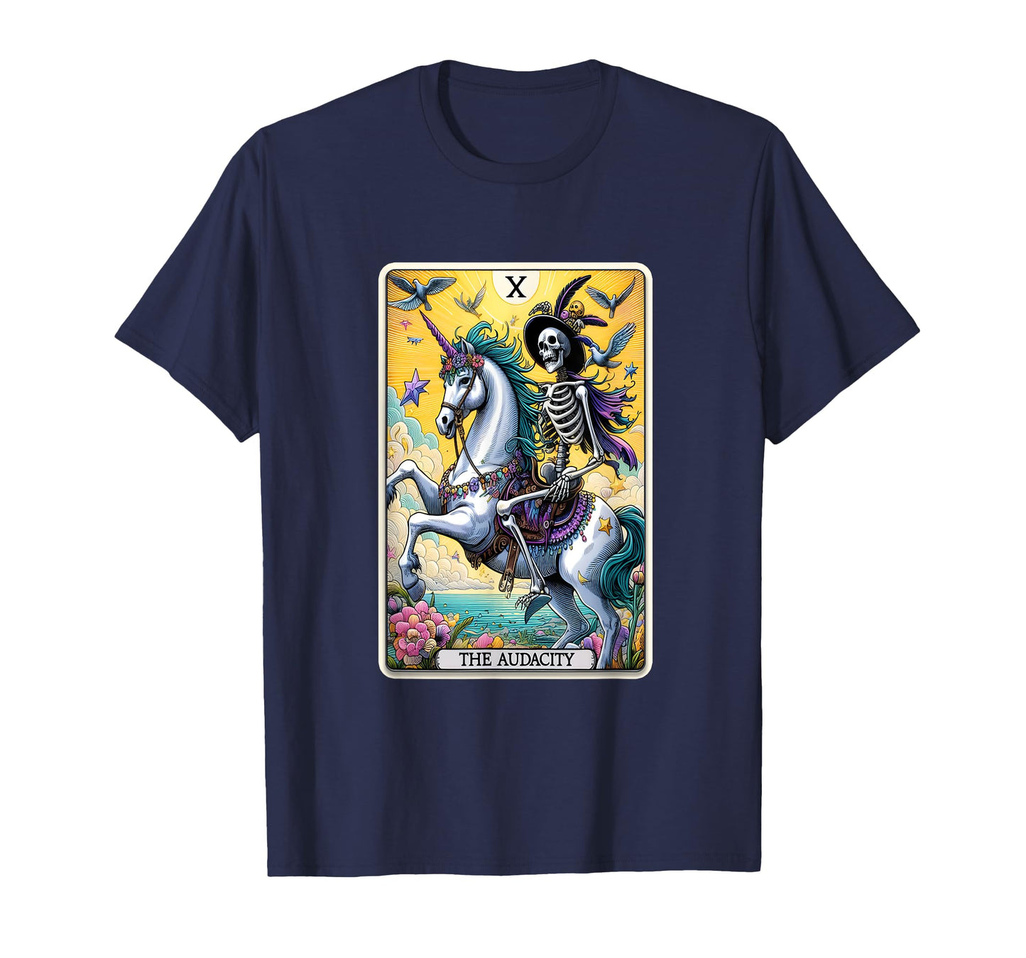 Audacity Tarot Card Sarcastic Skeleton Riding Unicorn T-Shirt