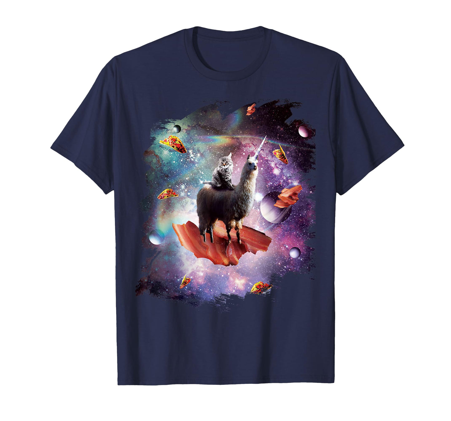 Space Cat Riding Llama Unicorn - Bacon Taco Men Women Girls Kids T-Shirt
