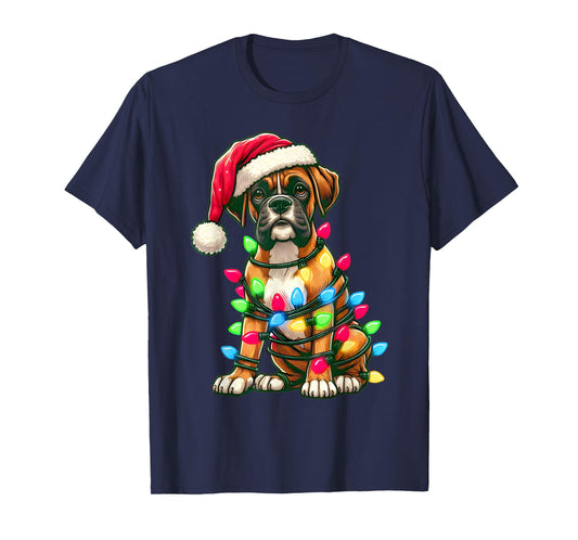 Merry Christmas Boxer Santa Christmas Lights Dog Xmas Tree T-Shirt
