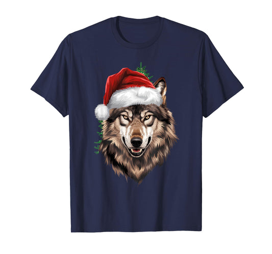 Wolf Christmas Funny Xmas tree Wearing Santa Hat T-Shirt