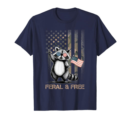 Feral & Free Camo American Flag Patriotic Racoon 4th Of July T-Shirt