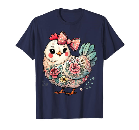 Chicken Lover Girls Women Floral Flower Bow Cute Hen Chicken T-Shirt