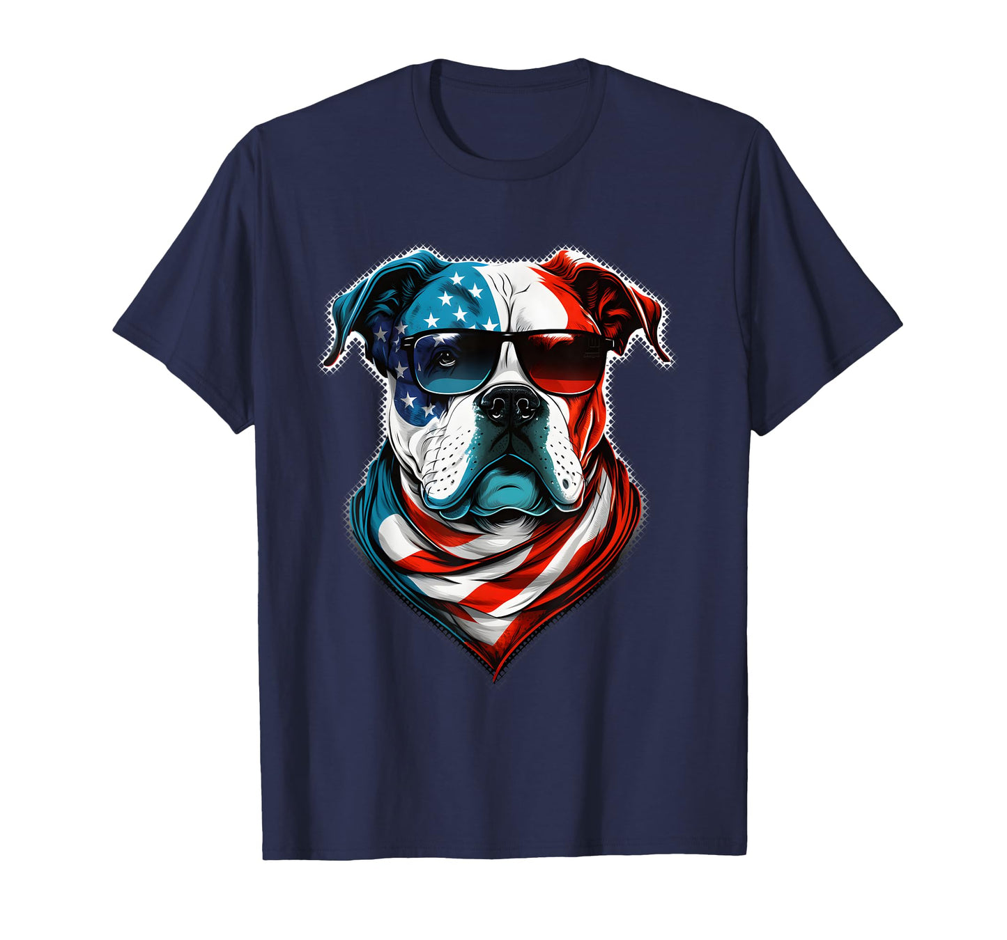American Bulldog Dog Red White Blue American Flag Sunglasses T-Shirt