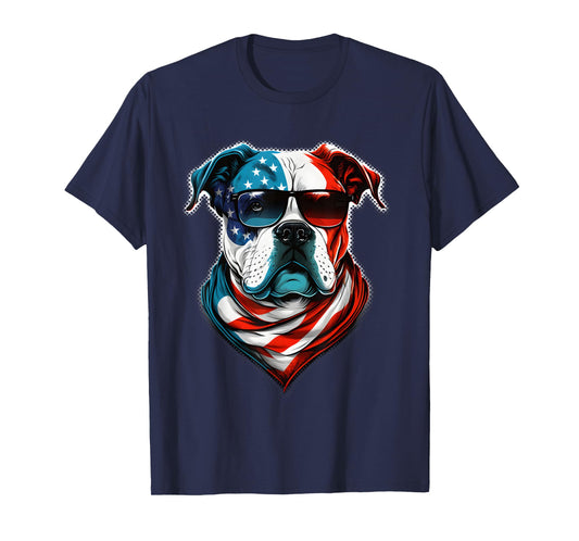 American Bulldog Dog Red White Blue American Flag Sunglasses T-Shirt