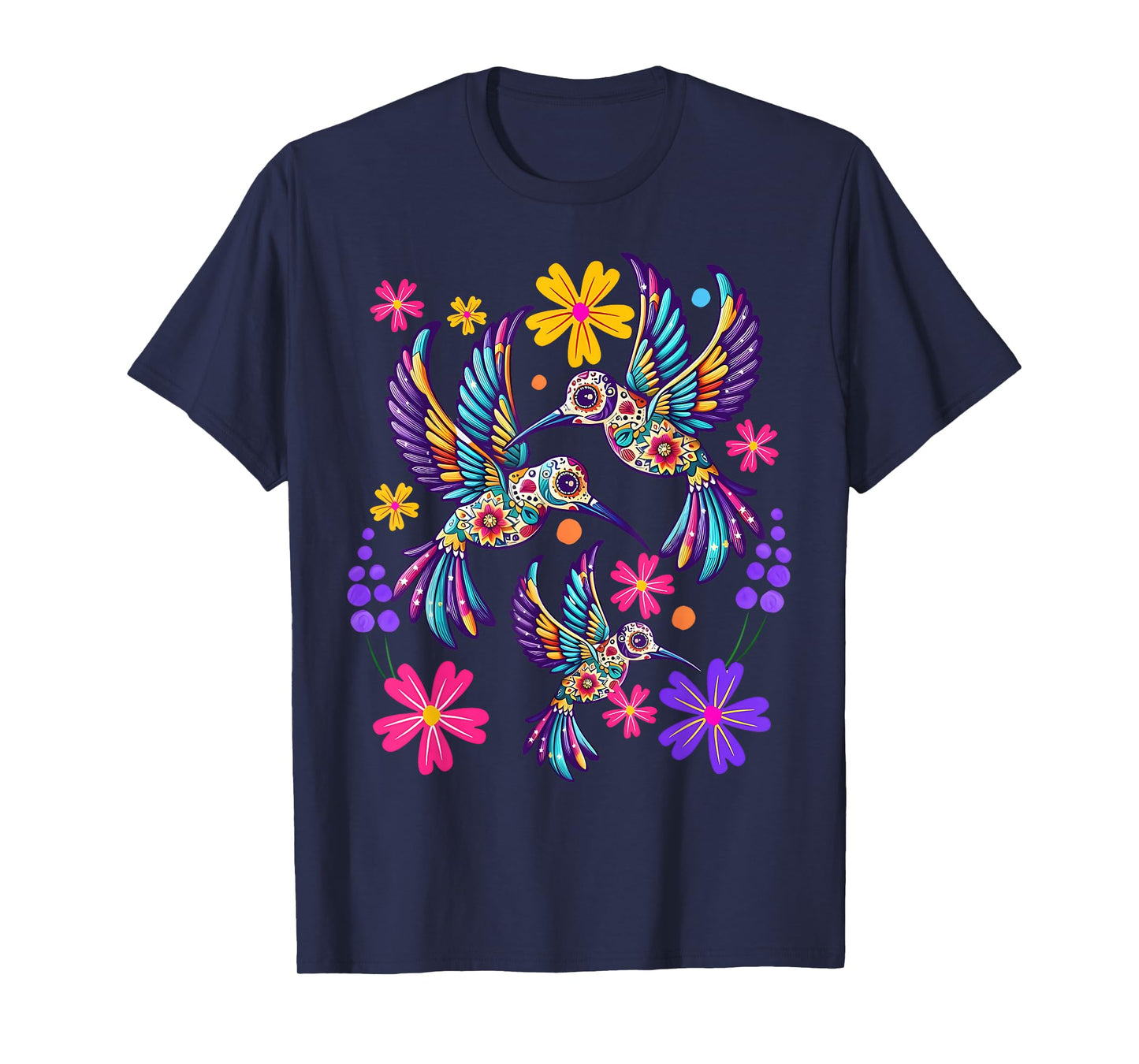 Hummingbird Colorful Mexican Flowers Bird Floral Nature T-Shirt