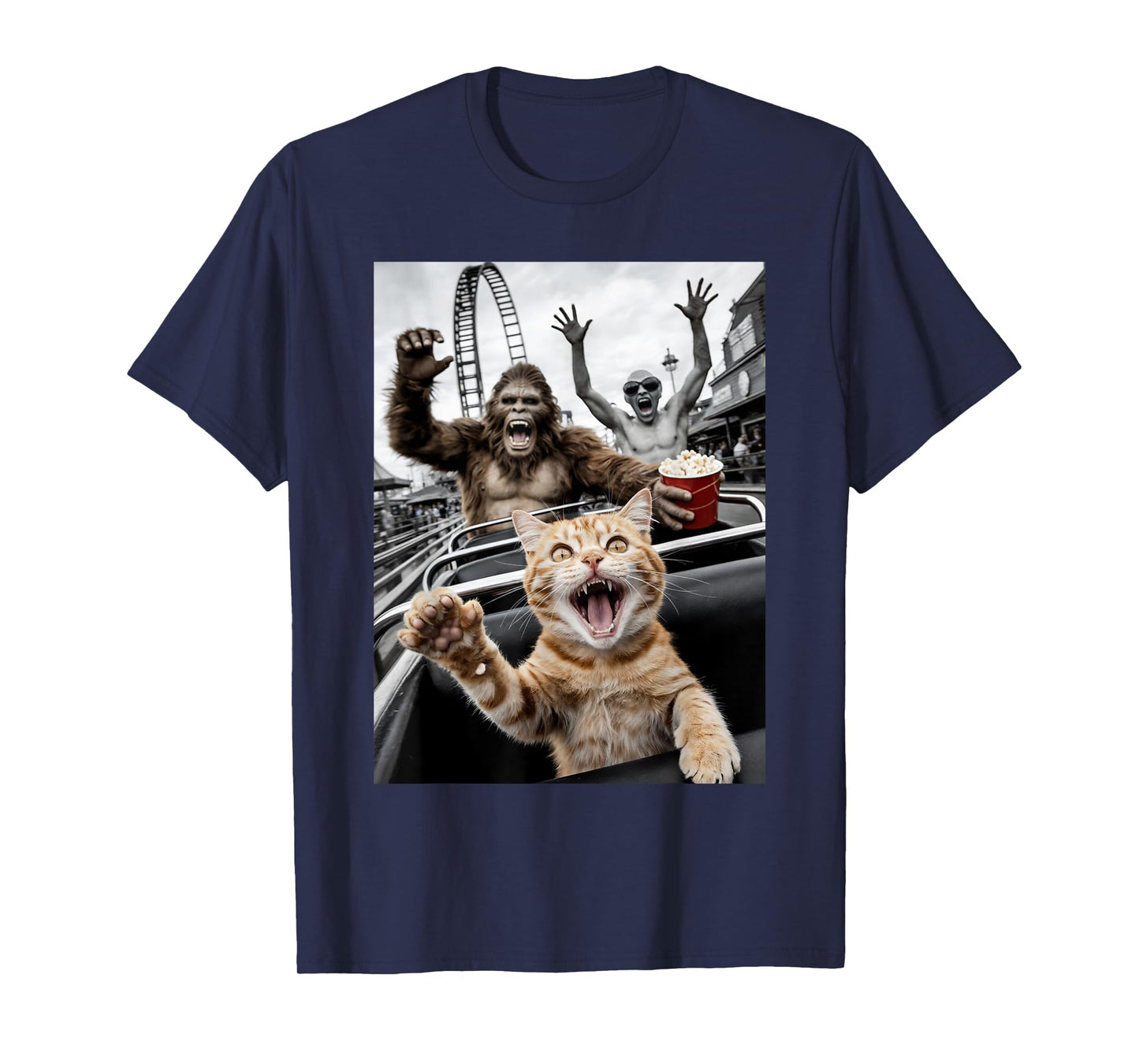 Funny Cat Selfie Bigfoot Alien Roller Coaster Men Women T-Shirt