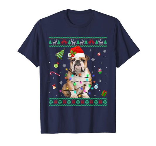 Ugly Sweater English Bulldog Dog Christmas Lights Santa Hat T-Shirt for Men Women Kids