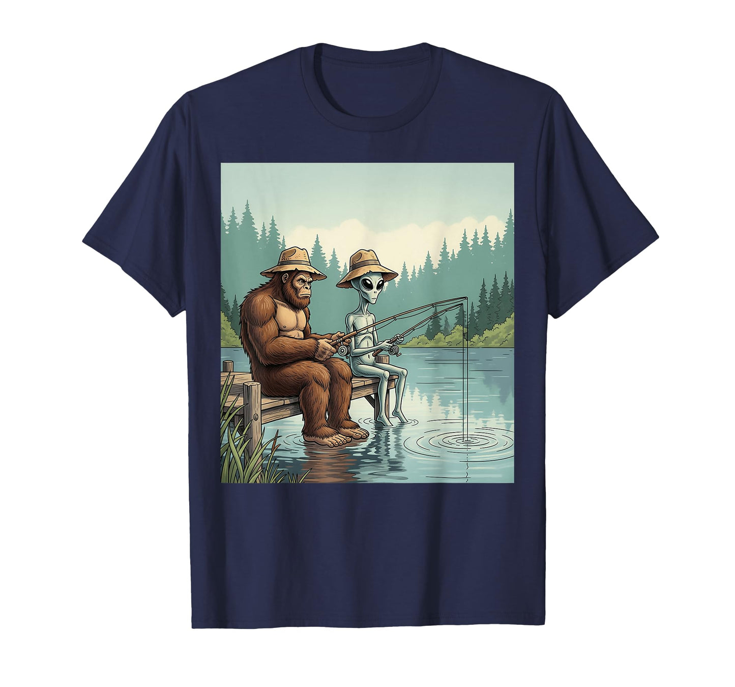 Alien Bigfoot Fishing Sasquatch Fishing Fisherman Men Boys T-Shirt