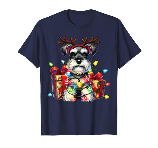 Miniature Schnauzer Dog Lovers Reindeer Christmas Lights T-Shirt