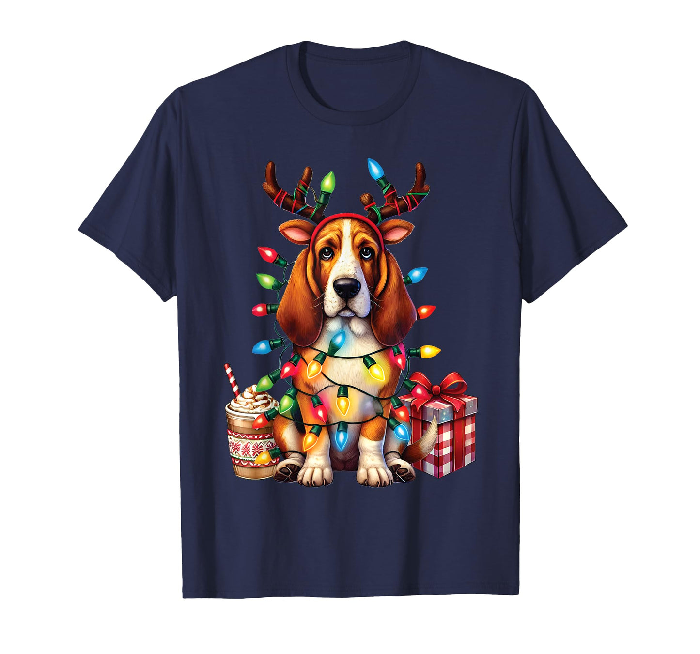 Pet Animal Basset Hound Dog Lover Reindeer Christmas Light T-Shirt