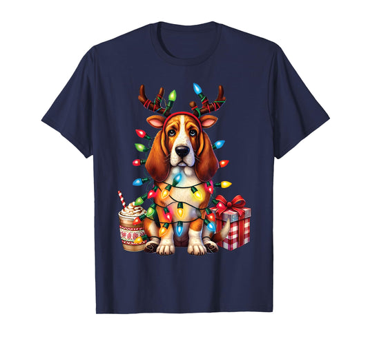 Pet Animal Basset Hound Dog Lover Reindeer Christmas Light T-Shirt