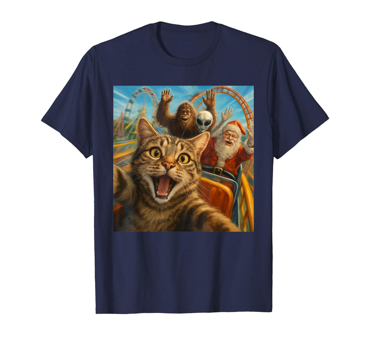 Funny Cat Selfie with Santa Claus Roller Coaster Meme T-Shirt