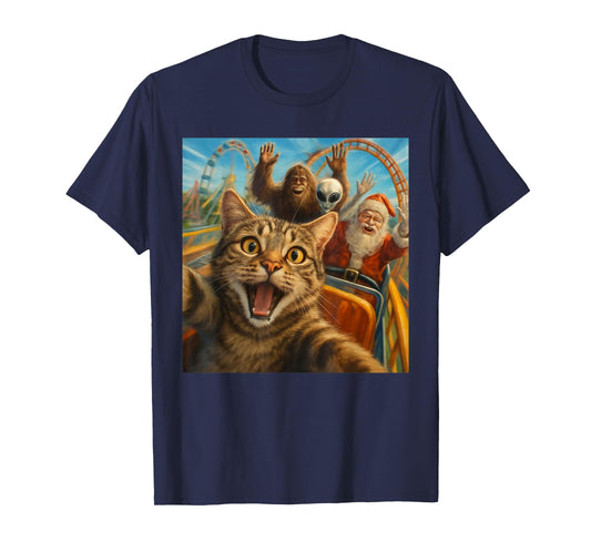 Funny Cat Selfie with Santa Claus Roller Coaster Meme T-Shirt