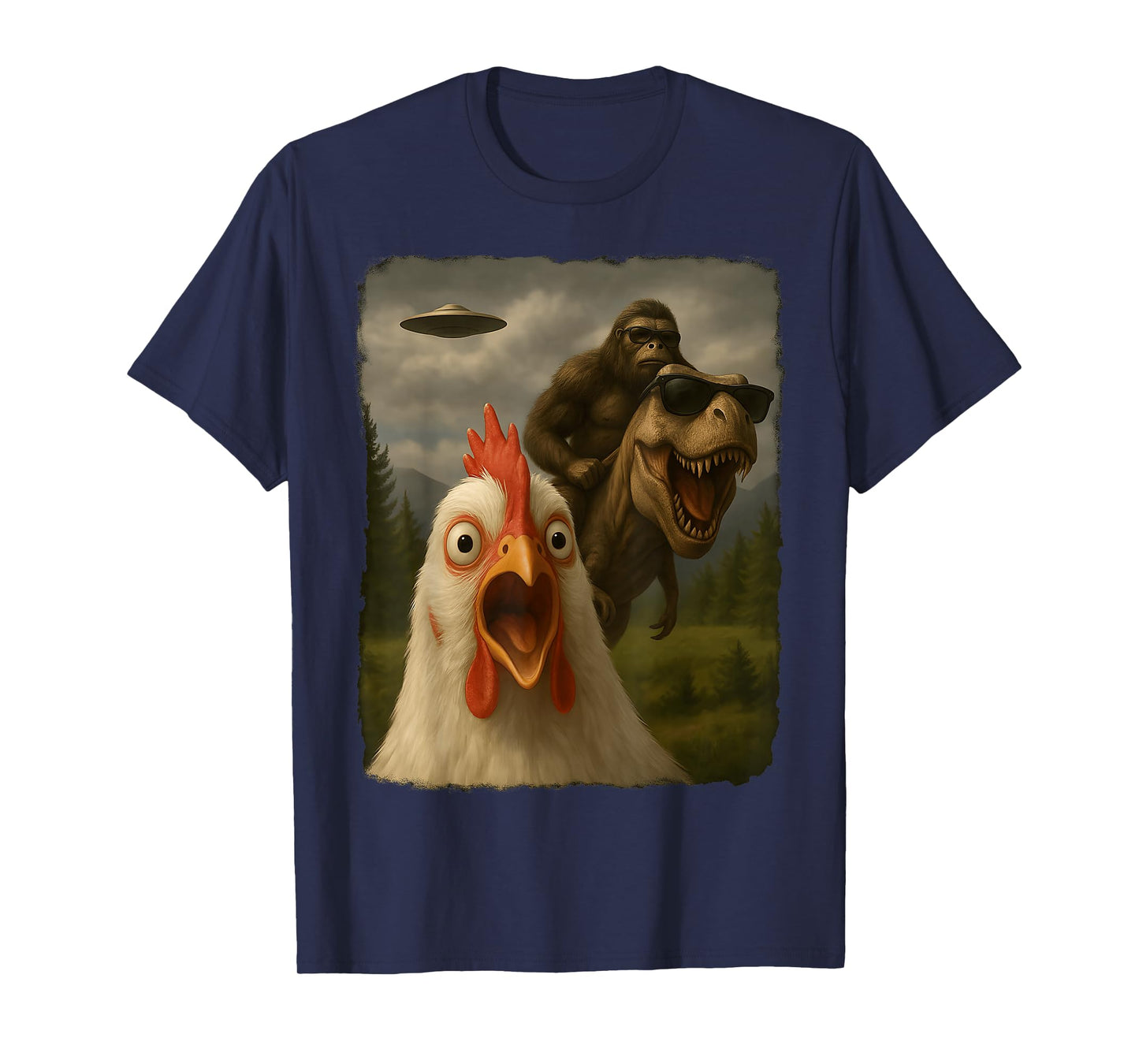 Funny Chicken Selfie Bigfoot Sasquatch Riding T-Rex UFO T-Shirt