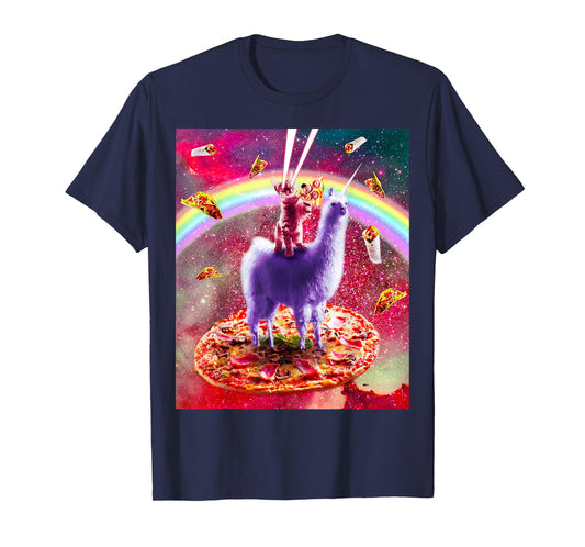 Laser Eyes Outer Space Cat Riding On Llama Unicorn T-Shirt