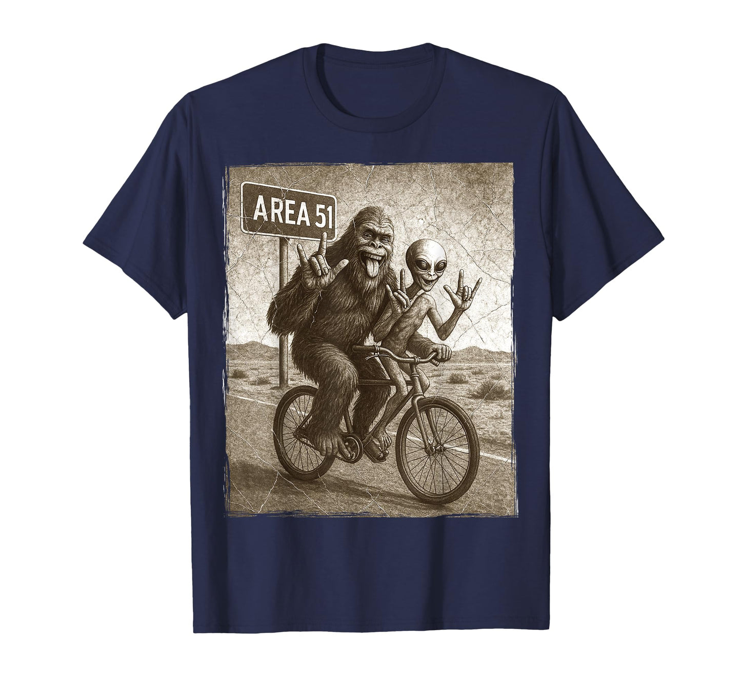 Bigfoot Alien UFO Bike Ride Rock On Area 51 Vintage Funny T-Shirt