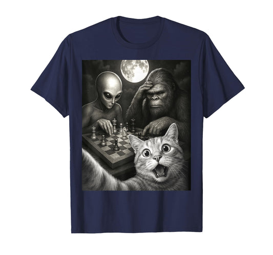 Funny Cat Selfie with a Bigfoot Playing Chess With Alien T-Shirt