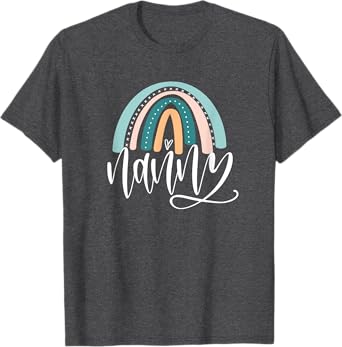June & Lucy Women's Rainbow Nanny & Heart Modern Letter Print T-Shirt, Grey, Small, Short Sleeve, Pull On, Classic Fit