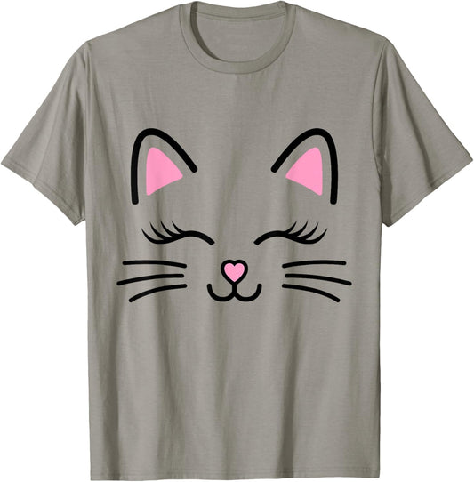 Women's Cat Face Whiskers Print Cosplay Kitty Love Halloween T-Shirt