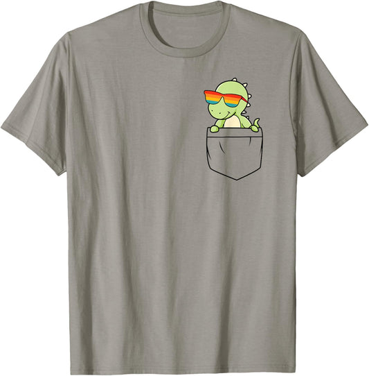 Dinosaur In Pocket Funny Cute Dino Rainbow Sunglasses Retro T-Shirt