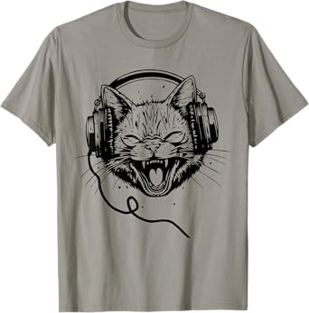 Funny Cat Kitty with Headphones Happy Singing Music Graphic T-Shirt